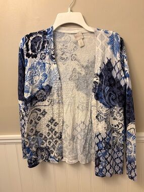 Chico's Blue and White Paisley Lightweight Cardigan